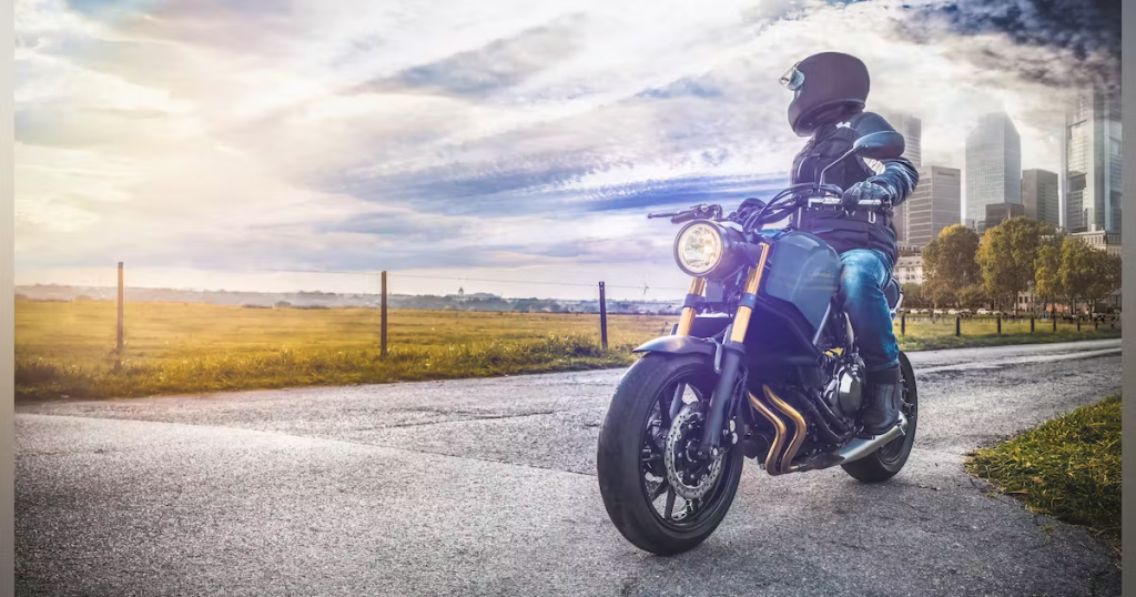 Naked motorcycle and rider looking into the horizon